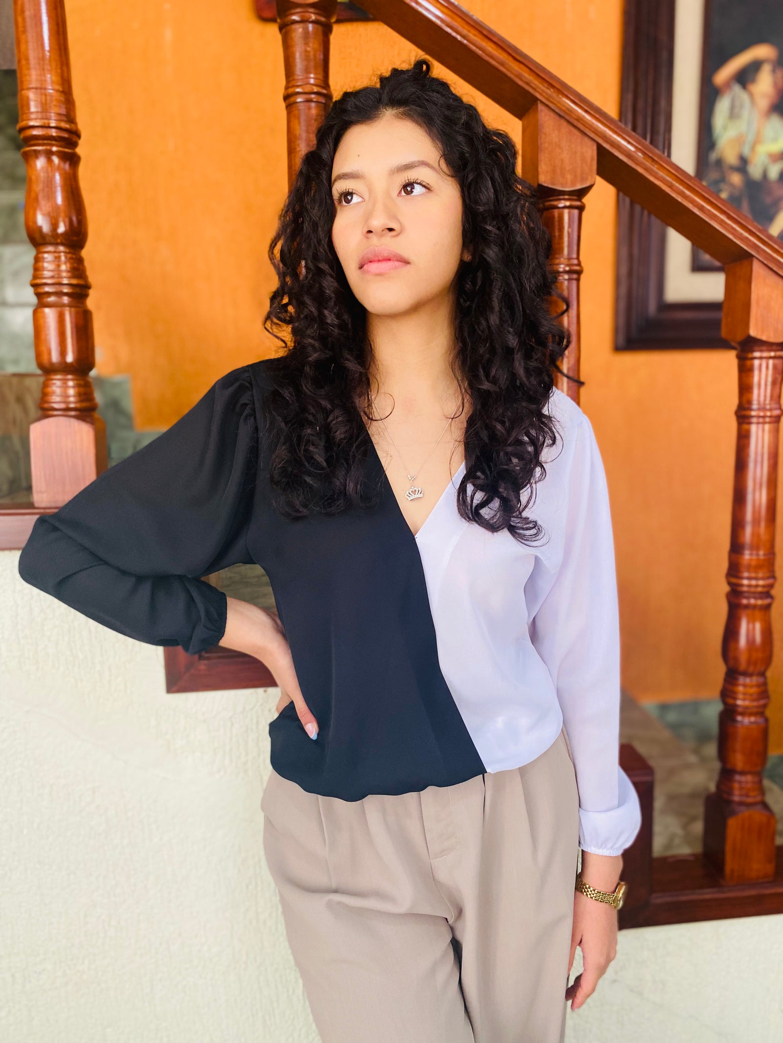 Blusa con escote en forma de V blanca con negro