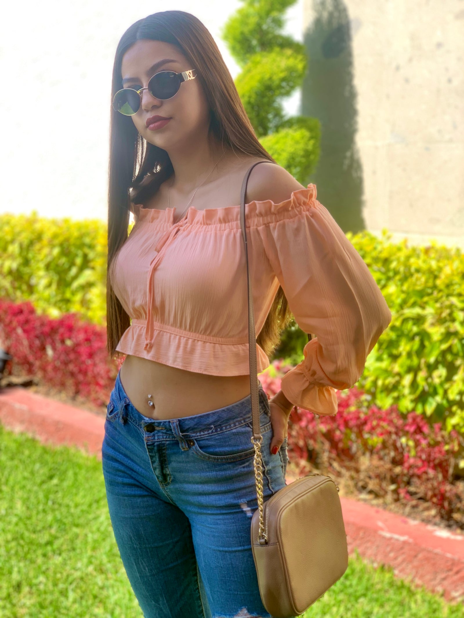 Blusa campesina color melón con resorte en cintura y muñecas